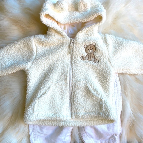Carter 3 month white and ivory corduroy overalls and fuzzy teddy bear jacket - Picture 2 of 6